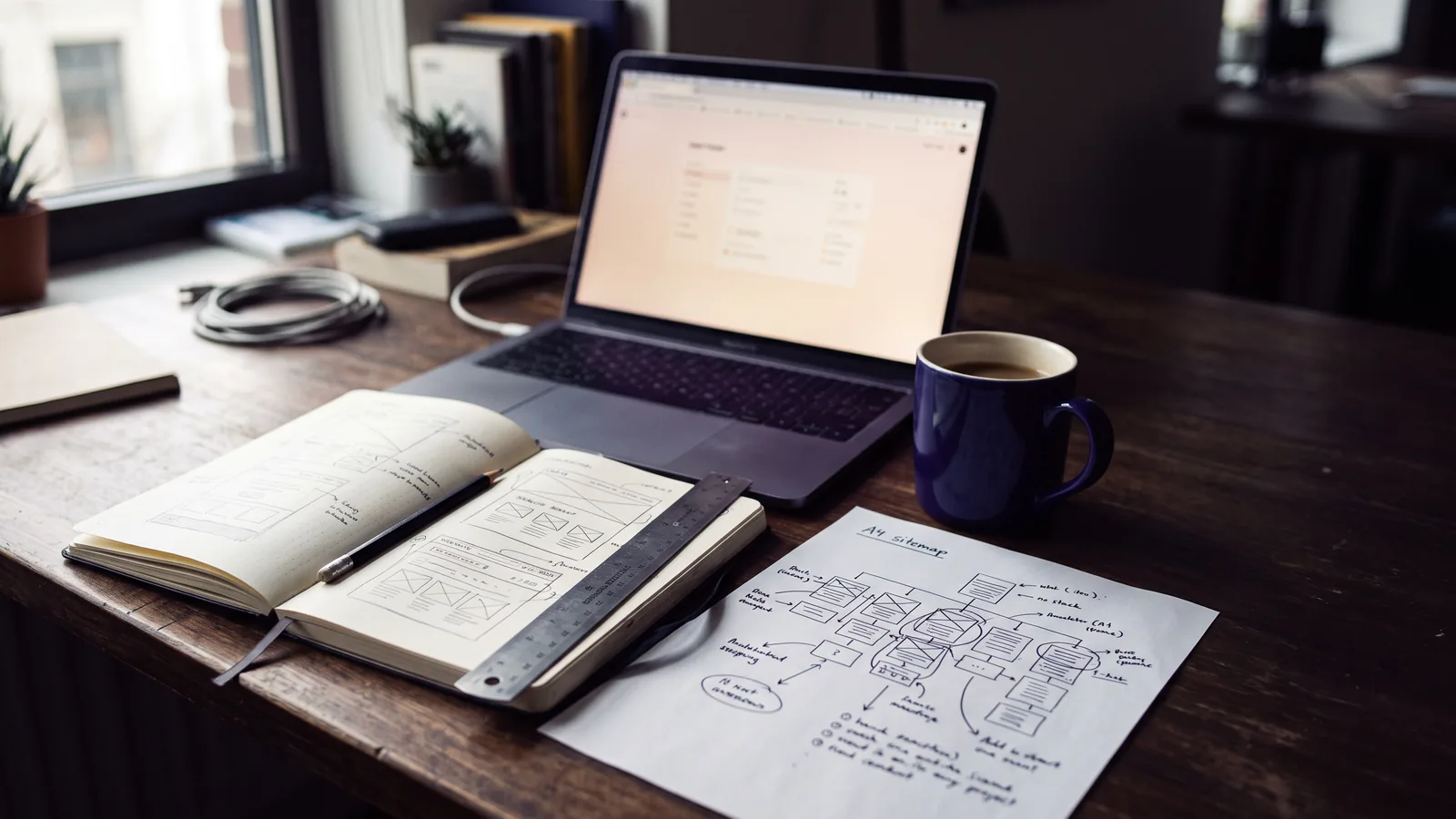 A desk mid-project: a notebook of hand-drawn page layouts, a marked-up sitemap and a laptop.