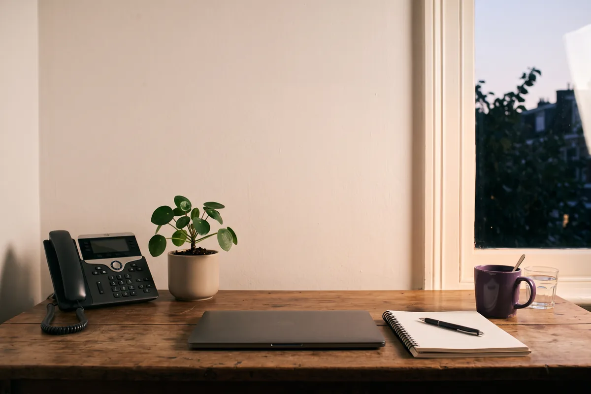 A quiet desk at the end of the day: a closed laptop, a notepad and pen, and a desk phone.