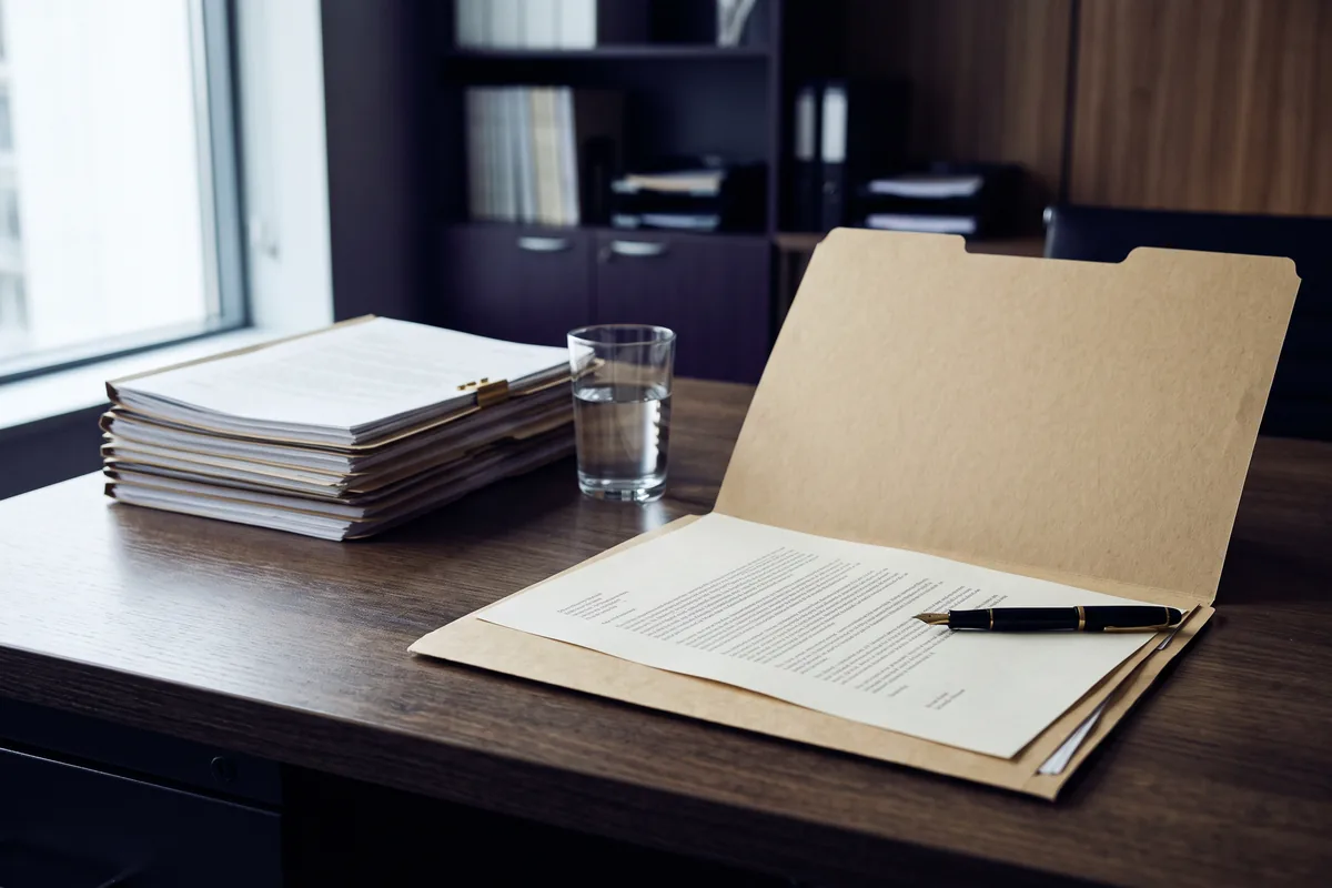 An open folder holding a formal determination letter, with filed documents squared beside it.