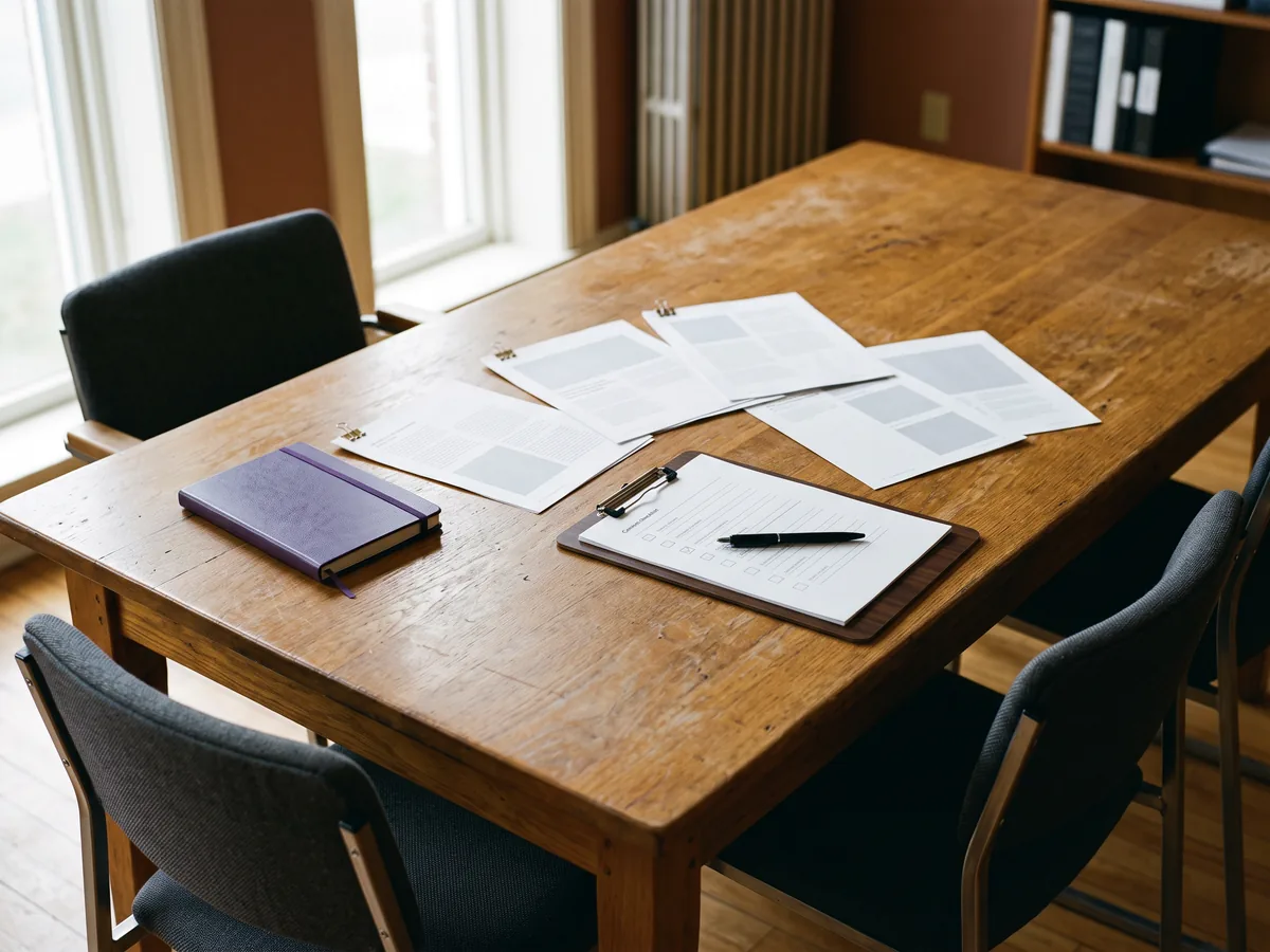 Printed page layouts and a content checklist spread across a table in a community room.